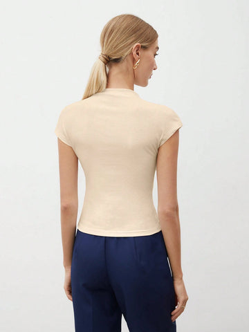 Women's Solid Color Stand Collar Batwing Short Sleeve T-Shirt