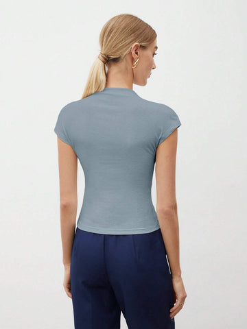 Women's Solid Color Stand Collar Batwing Short Sleeve T-Shirt