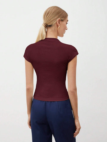 Women's Solid Color Stand Collar Batwing Short Sleeve T-Shirt