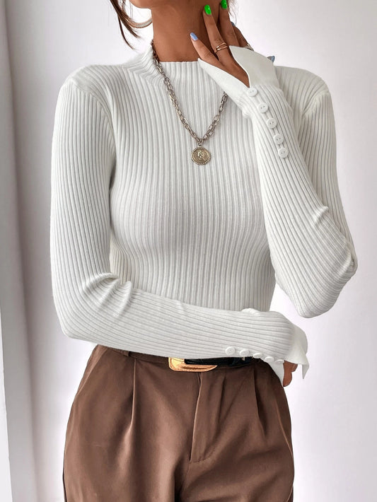 BizChic Mock Neck Ribbed Knit Split Cuff Sweater