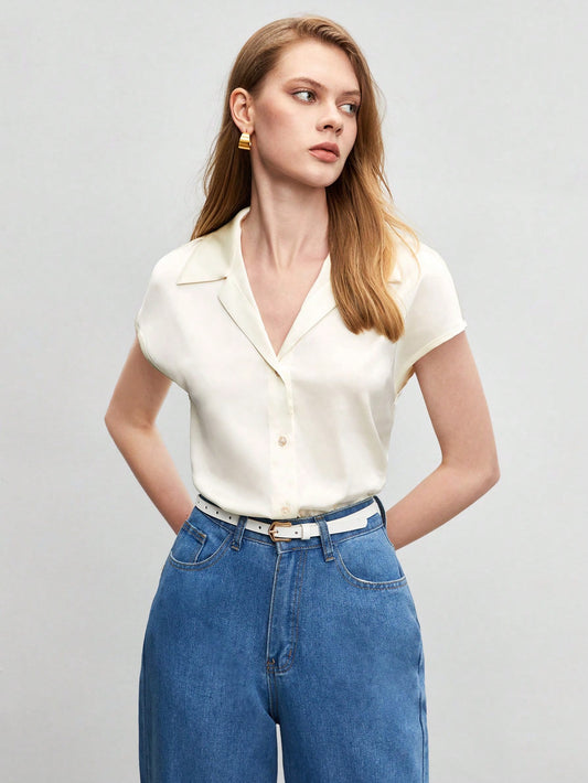 BizChic Women's Solid Color Turndown Collar Button Down Short Sleeve Silky Blouse