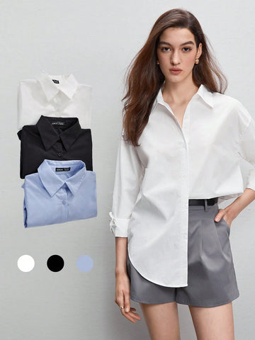 BizChic Solid Drop Shoulder Curved Hem Shirt