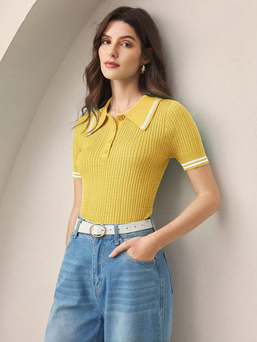 Women's Short Sleeve Knitted Polo Collar Top Twisted Yarn Pattern