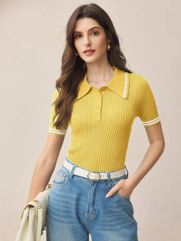 Women's Short Sleeve Knitted Polo Collar Top Twisted Yarn Pattern