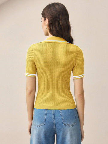 Women's Short Sleeve Knitted Polo Collar Top Twisted Yarn Pattern