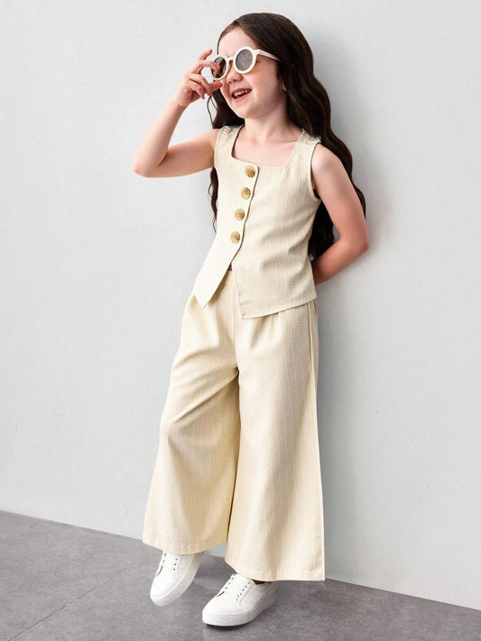 Young Girl Woven Solid Color Square Neck Sleeveless Top & Wide Leg Pants
