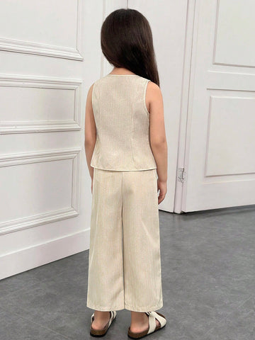 Young Girl Woven Solid Color Square Neck Sleeveless Top & Wide Leg Pants