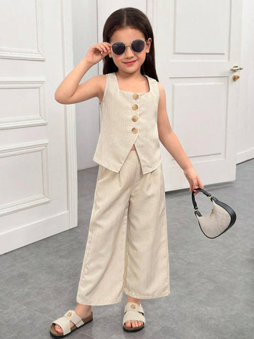 Young Girl Woven Solid Color Square Neck Sleeveless Top & Wide Leg Pants