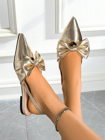 Bow Decor Knit Detail Point Toe Slingback Flats