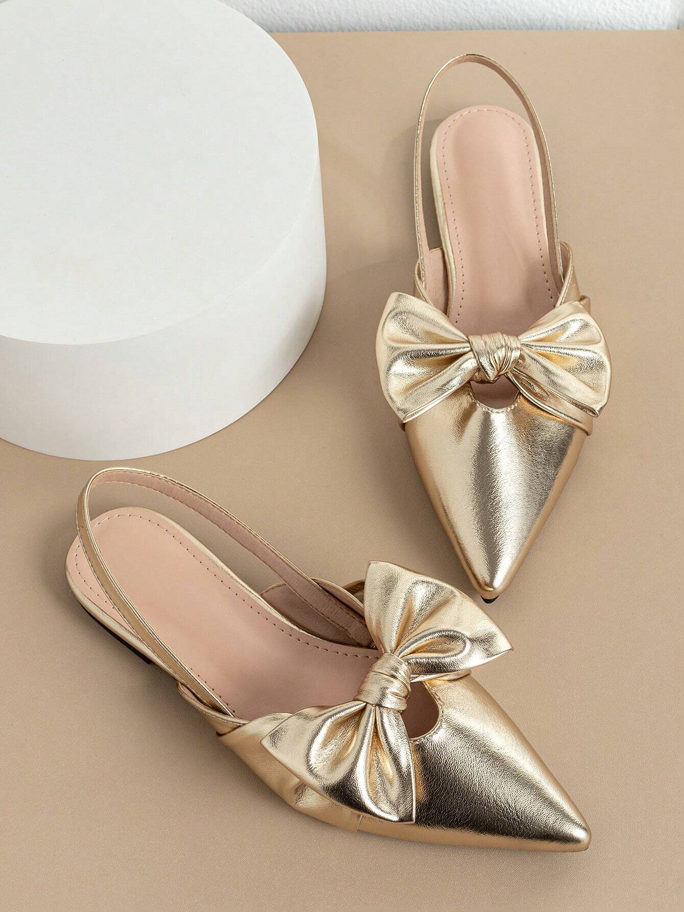 Bow Decor Knit Detail Point Toe Slingback Flats