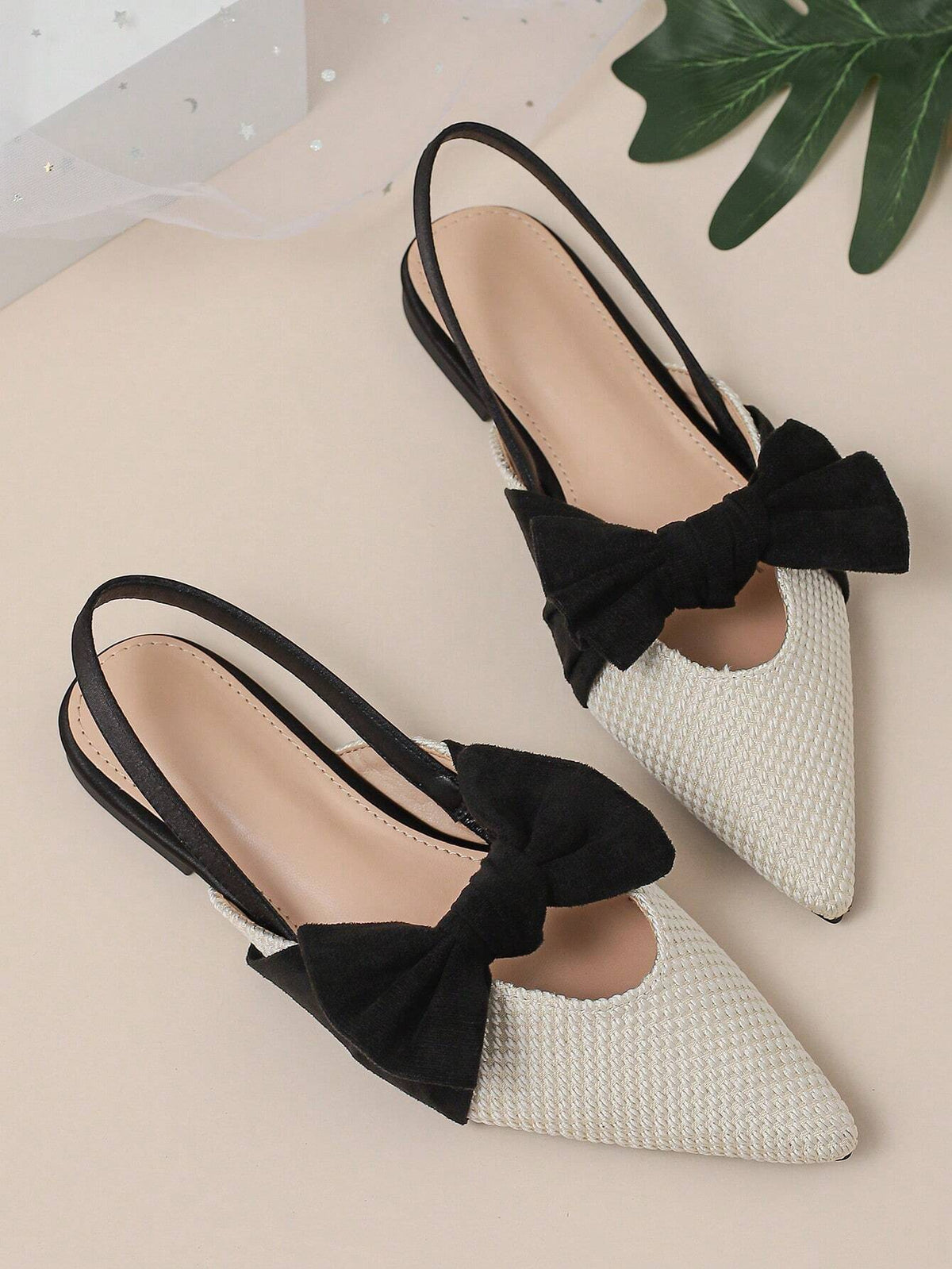 Bow Decor Knit Detail Point Toe Slingback Flats