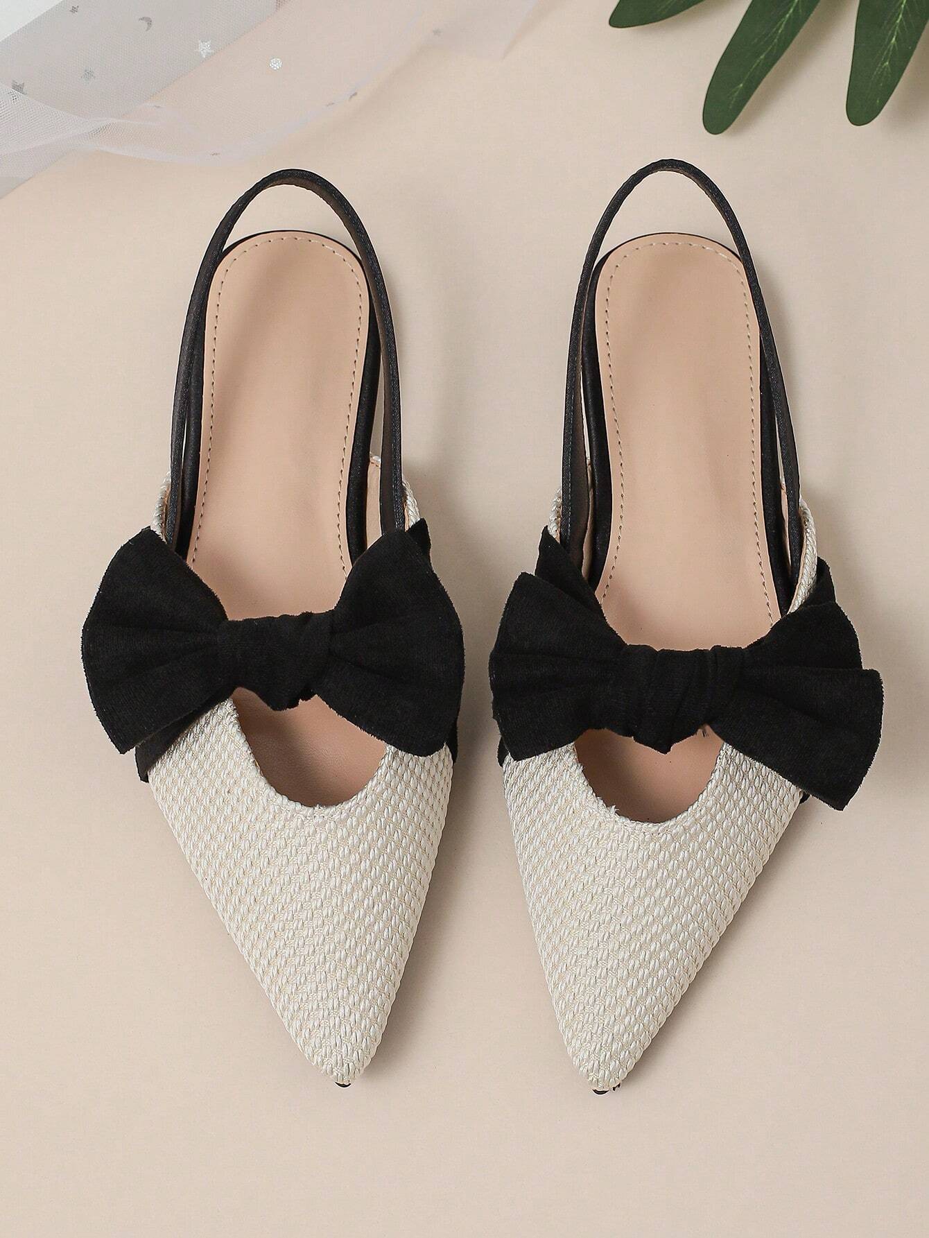 Bow Decor Knit Detail Point Toe Slingback Flats