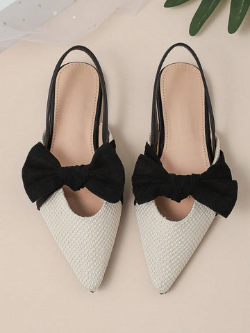 Bow Decor Knit Detail Point Toe Slingback Flats