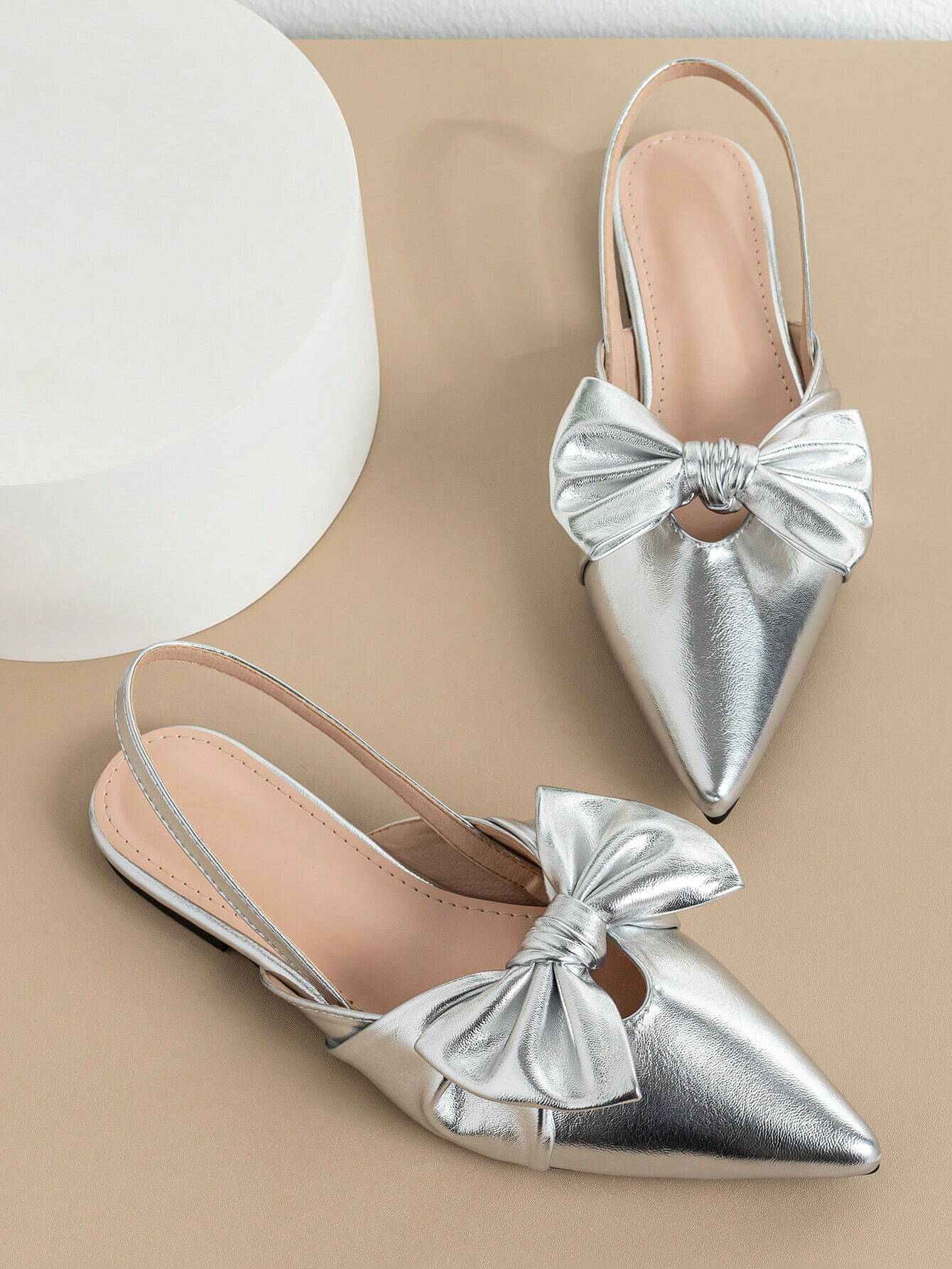 Bow Decor Knit Detail Point Toe Slingback Flats