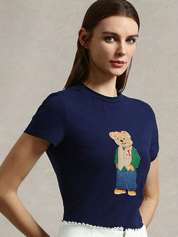 Briarwyn Solid Color Knit Crew Neck Front Print Short Sleeve Fitted Women T-Shirt