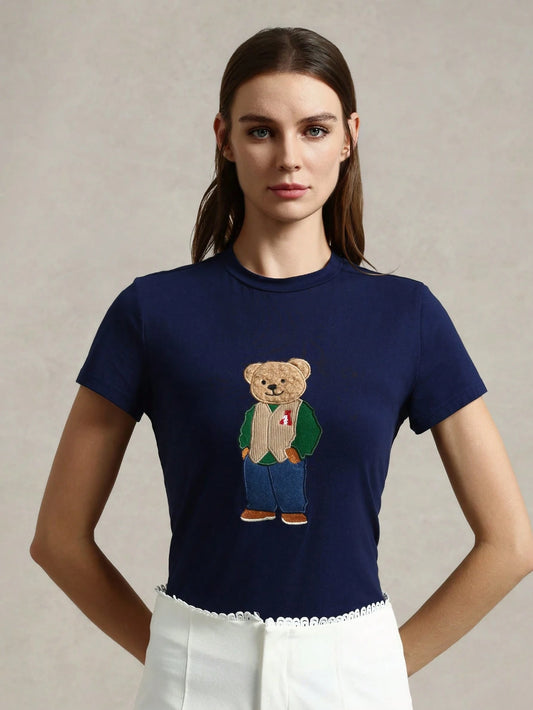 Briarwyn Solid Color Knit Crew Neck Front Print Short Sleeve Fitted Women T-Shirt
