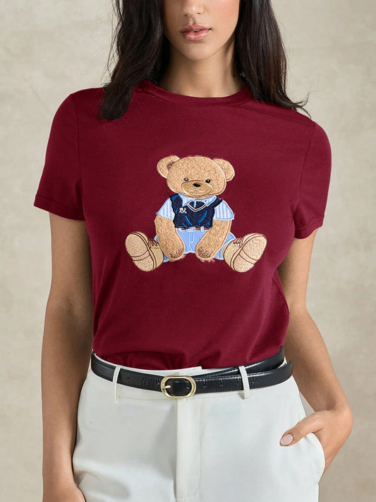 Women's Round Neck Bear Embroidery Casual Versatile Daily Wear Short Sleeve T-Shirt