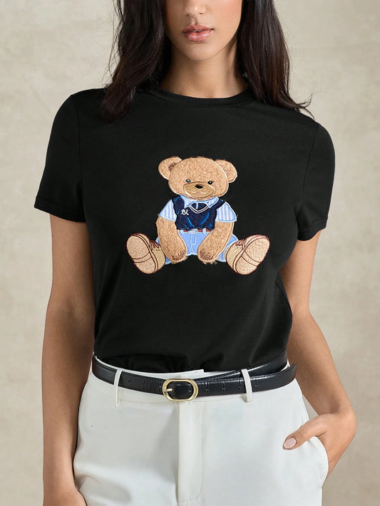 Women's Round Neck Bear Embroidery Casual Versatile Daily Wear Short Sleeve T-Shirt
