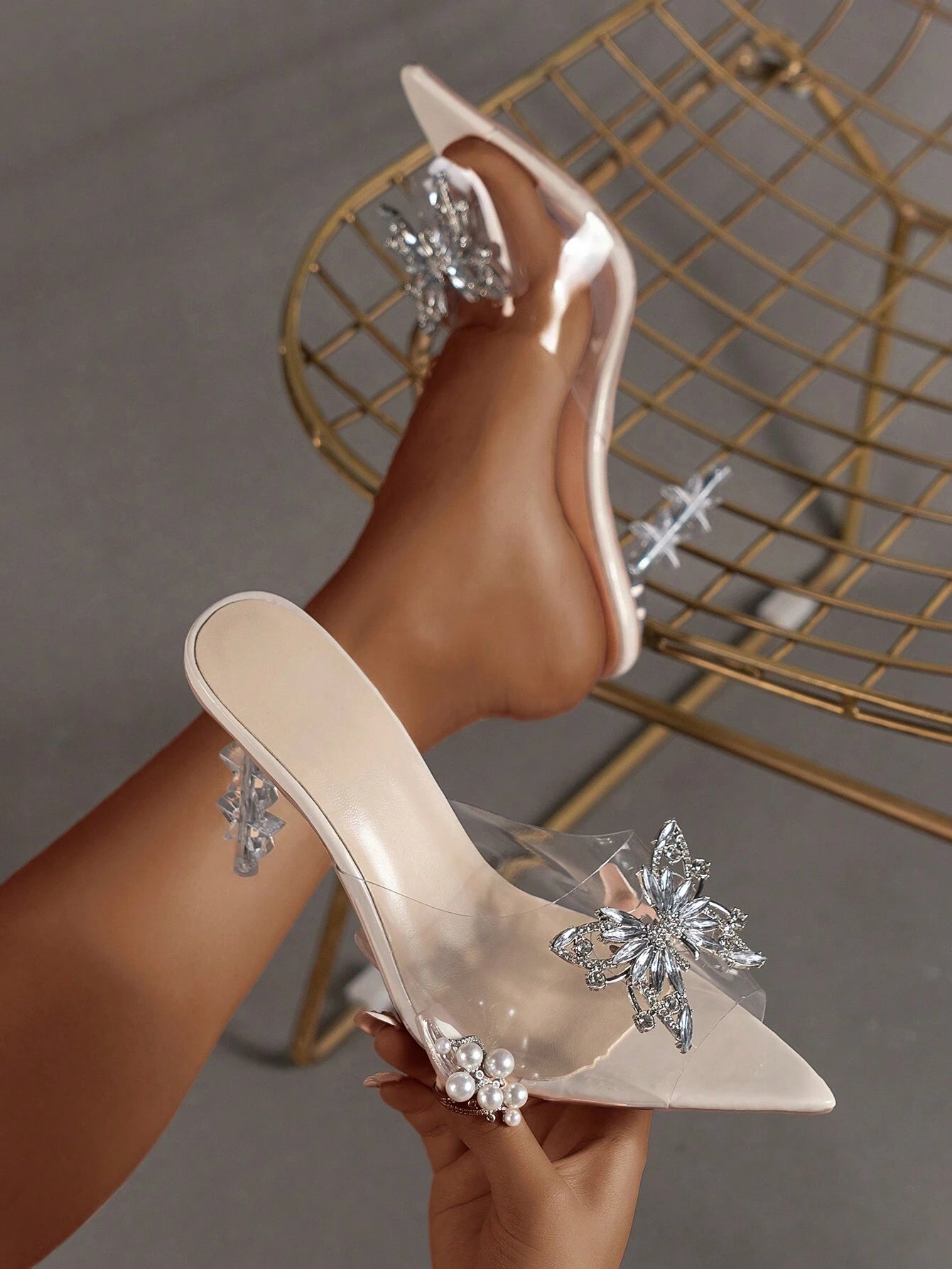 Butterfly Decorated Pointed Toe High Heel Sandals