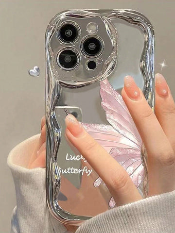 Electroplated New Cream Texture Wavy Edge Butterfly Colorful Painting Cute Protective Phone Case