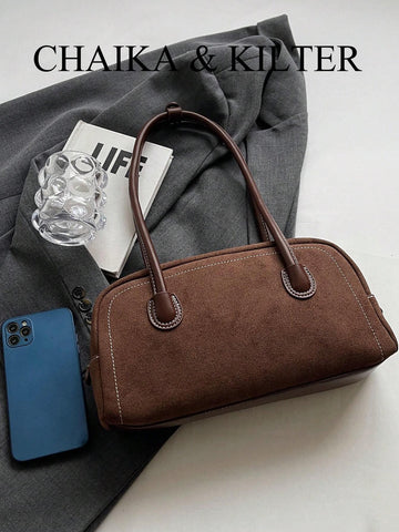 1pc Plain Color Suede-Like Fabric Shoulder Bag