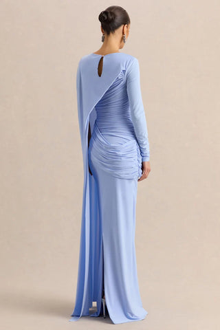 Slashed-Neck Maxi Dress With Cape And Gold-Detail