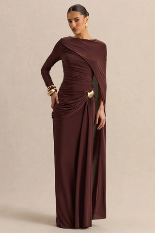 Slashed-Neck Maxi Dress With Cape And Gold-Detail