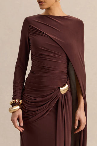 Slashed-Neck Maxi Dress With Cape And Gold-Detail
