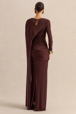 Slashed-Neck Maxi Dress With Cape And Gold-Detail