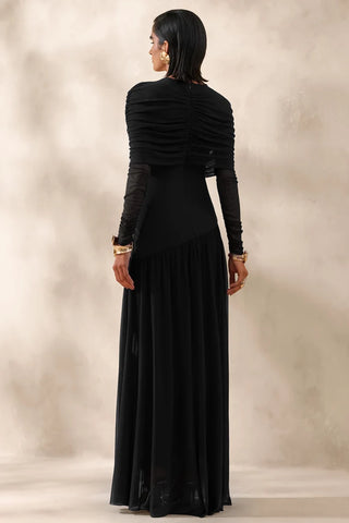 Mesh Slashed-Neck Maxi Dress With Short-Cape