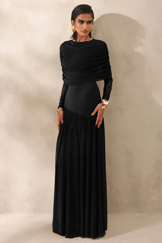 Mesh Slashed-Neck Maxi Dress With Short-Cape