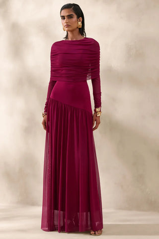 Mesh Slashed-Neck Maxi Dress With Short-Cape