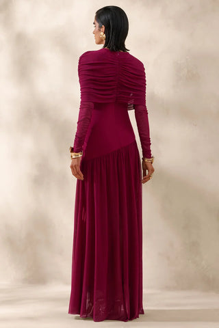 Mesh Slashed-Neck Maxi Dress With Short-Cape