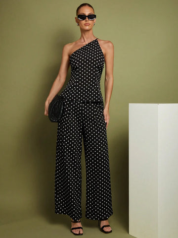 2pcs Women Polka Dot Shoulder Top & Pants Set