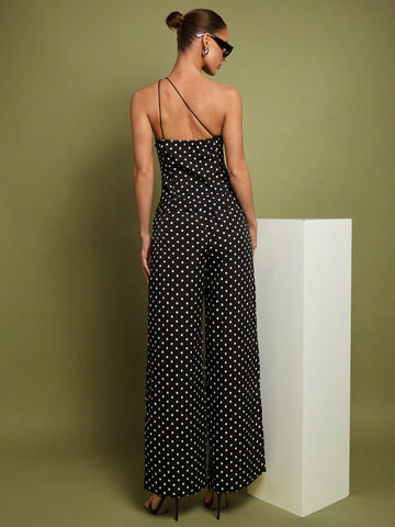 2pcs Women Polka Dot Shoulder Top & Pants Set
