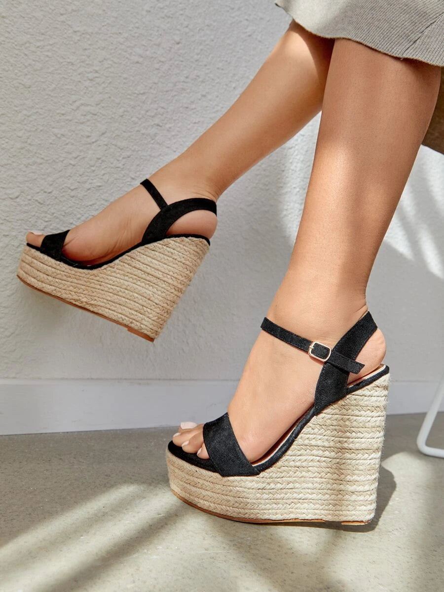 CUCCOO Basic Ankle Strap Espadrille Faux Suede Wedge Sandals