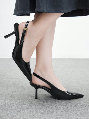 Patent Leather Side Buckle Sexy Pointed Toe Hollow-Out High Heel