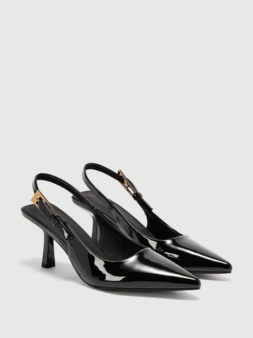 Patent Leather Side Buckle Sexy Pointed Toe Hollow-Out High Heel