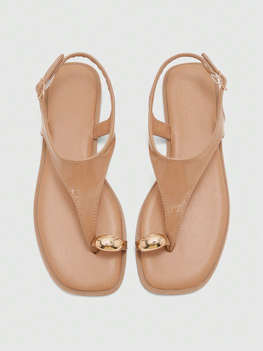 Square Toe Flat Bottom Black Strip Buckle Women's Flat Sandals