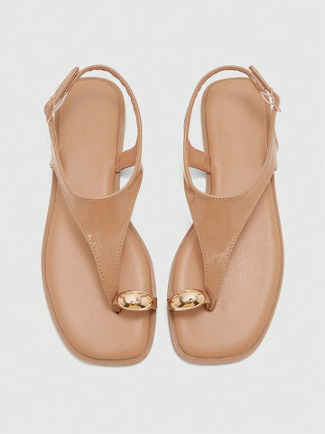 Square Toe Flat Bottom Black Strip Buckle Women's Flat Sandals