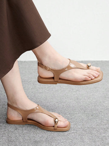Square Toe Flat Bottom Black Strip Buckle Women's Flat Sandals