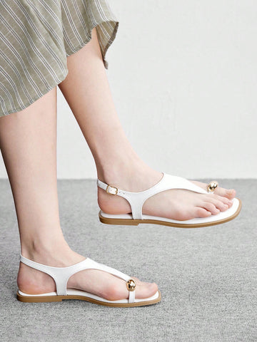 Square Toe Flat Bottom Black Strip Buckle Women's Flat Sandals