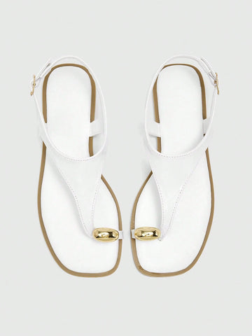Square Toe Flat Bottom Black Strip Buckle Women's Flat Sandals