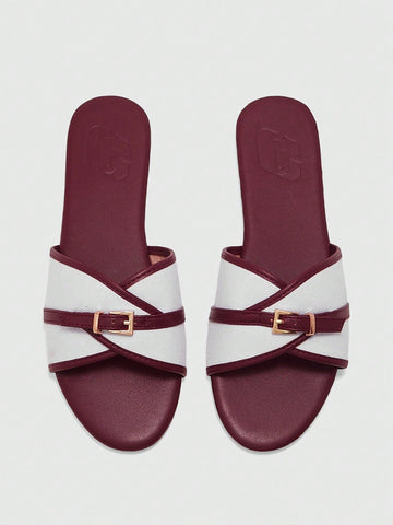 Simple Buckle Color Block Flat Sandals