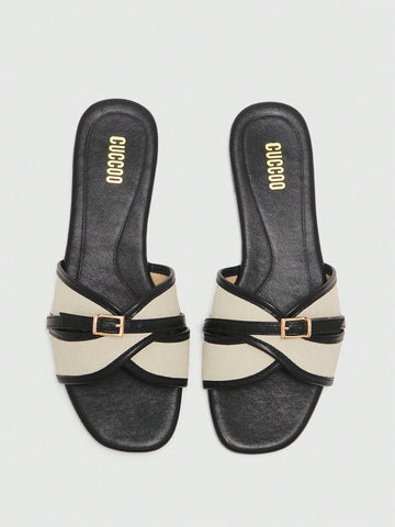 Simple Buckle Color Block Flat Sandals