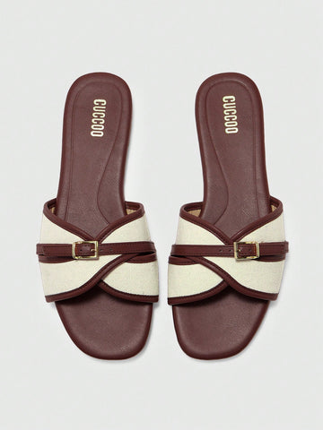 Simple Buckle Color Block Flat Sandals