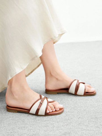 Simple Buckle Color Block Flat Sandals