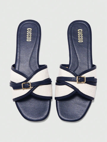 Simple Buckle Color Block Flat Sandals