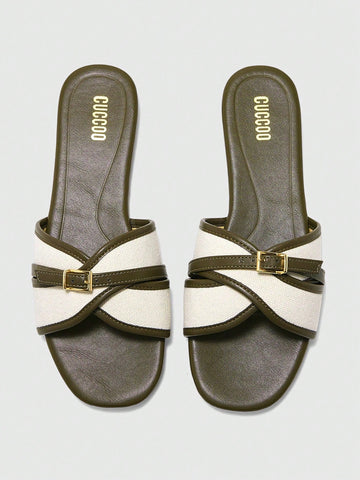 Simple Buckle Color Block Flat Sandals