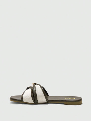 Simple Buckle Color Block Flat Sandals